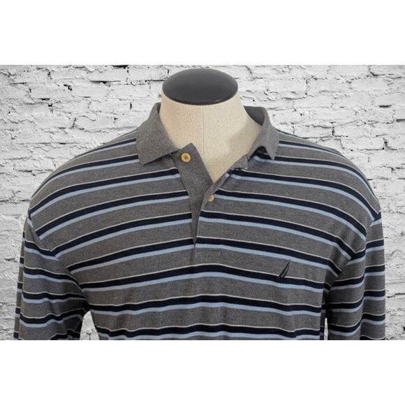 Vintage NAUTICA 100% Cotton Striped Gray Long Sleeve Polo Shirt LARGE - Picture 1 of 5